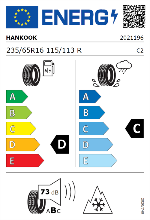 Tyre Label for Hankook Vantra ST AS2 RA30 235/65R16 115/113R