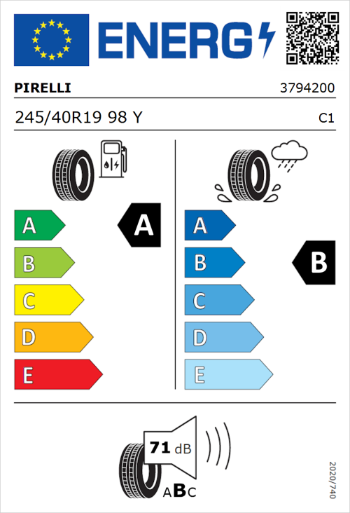 Tyre Label for Pirelli P Zero (PZ4) Sport Car 245/40R19 98Y