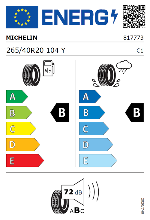 Tyre Label for Michelin Pilot Sport EV 265/40R20 104Y