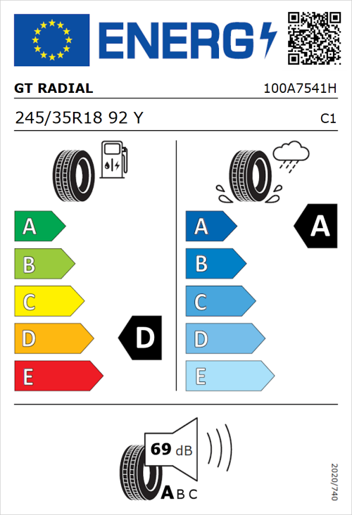 Tyre Label for GT Radial Sport Active 245/35R18 92Y