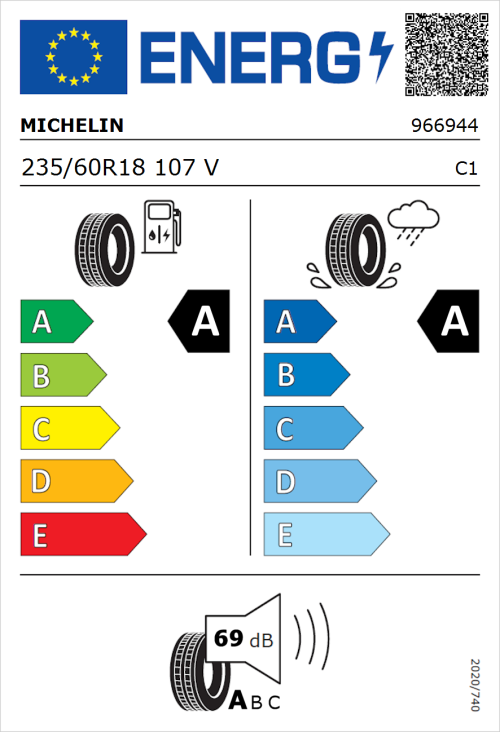 Tyre Label for Michelin Primacy 5 Energy 235/60R18 107V