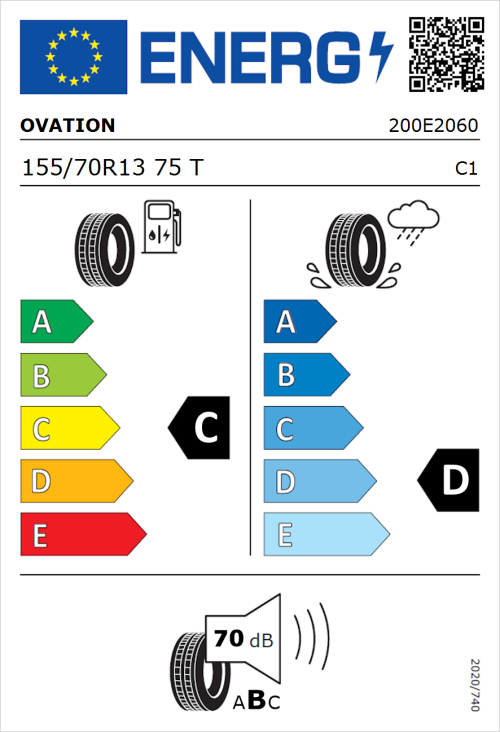 Tyre Label for Ovation VI-682 Ecovision 155/70R13 75T