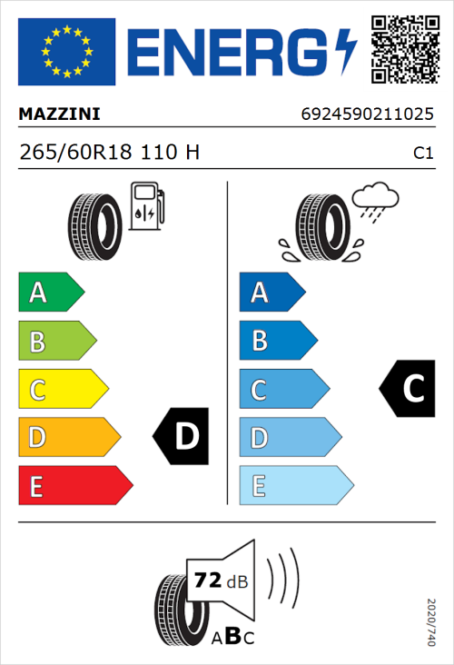 Tyre Label for Mazzini Ecosaver 265/60R18 110H
