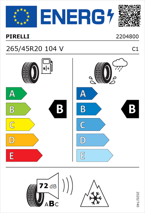 Tyre Label for Pirelli Scorpion Verde All Season 265/45R20 104V